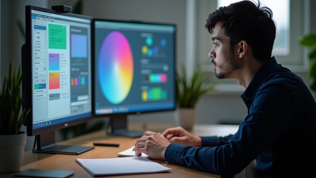 Person working at desk with design software showing colour palette options and accessibility guidelines