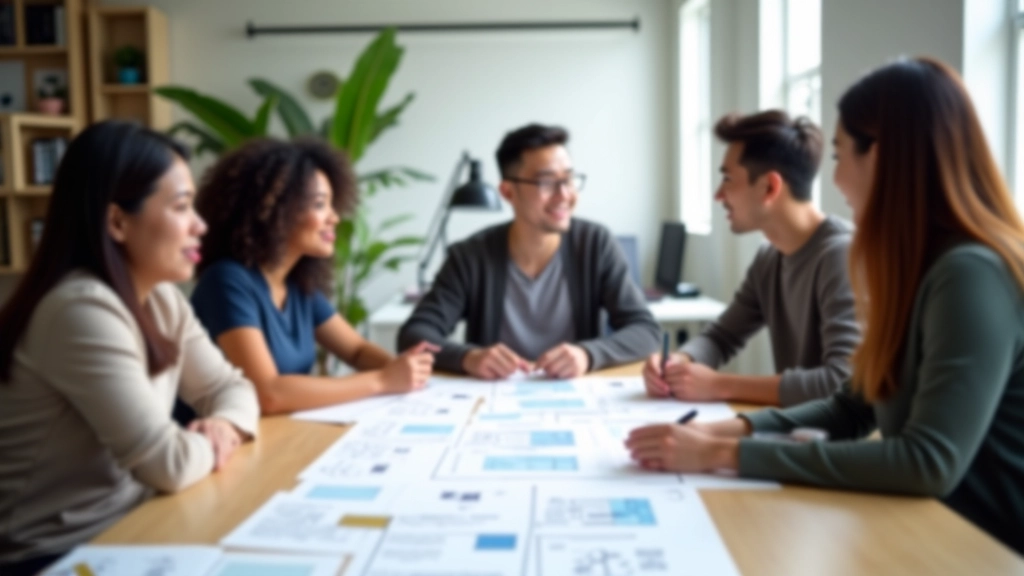 Team of diverse people in meeting discussing design concepts with sketches and accessibility checklist on table